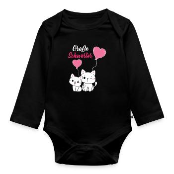 Große Schwester 2023 Katzen Ballon Herz - Baby Bio-Langarm-Body - Schwarz - Vorne