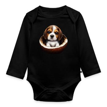 Beagle Hund in einer Kokosnussschale - Baby Bio-Langarm-Body - Schwarz - Vorne