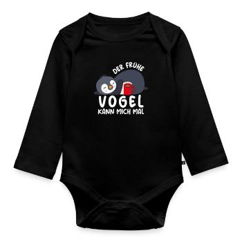 Der Frühe Vogel kann mich mal Pinguin - Baby Bio-Langarm-Body - Schwarz - Vorne