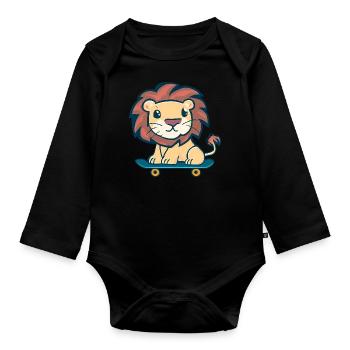 Lion on skateboard - Organic Longsleeve Baby Bodysuit - black - Front