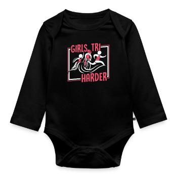 Girls TRI Harder Triathlon Bike Triathlete Training - Organic Longsleeve Baby Bodysuit - black - Front