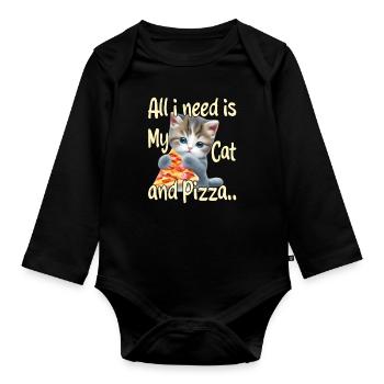 All I Need is My Cat and Pizza - Organic Longsleeve Baby Bodysuit - black - Front