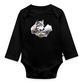 Wolf with mountains - Organic Longsleeve Baby Bodysuit - black - Front