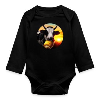 Cow enjoying corn - Organic Longsleeve Baby Bodysuit - black - Front