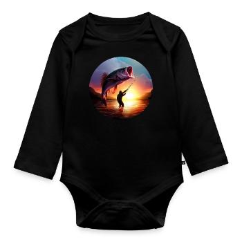 Pêcheur avec coucher de soleil de poisson géant - Body Bébé bio manches longues - noir - Devant