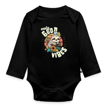 Only Good Vibes: Good Life Süßes Cartoon Faultier - Baby Bio-Langarm-Body - Schwarz - Vorne