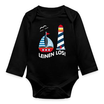 Leinen Los - Leuchtturm, Segelboot und Möwen - Baby Bio-Langarm-Body - Schwarz - Vorne