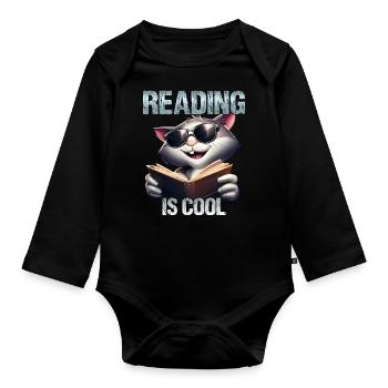 Reading is cool cat - Organic Longsleeve Baby Bodysuit - black - Front