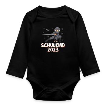 Schulkind 2023 Ninja - Baby Bio-Langarm-Body - Schwarz - Vorne