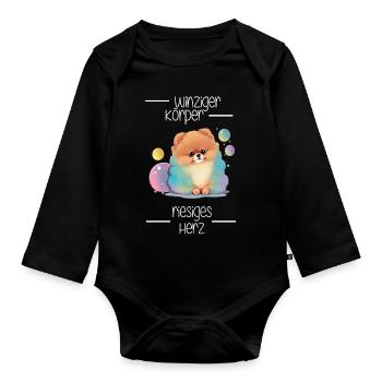 Zwergspitz Winziger Körper Riesiges Herz - Baby Bio-Langarm-Body - Schwarz - Vorne