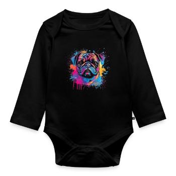 Pug paint splash design - Organic Longsleeve Baby Bodysuit - black - Front