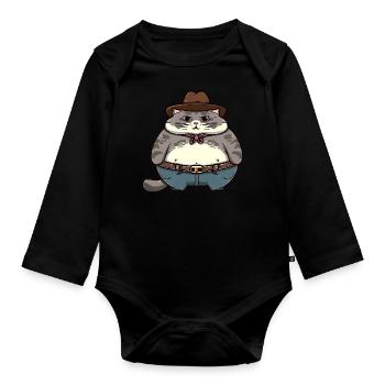Fat Cowboy Cat - Organic Longsleeve Baby Bodysuit - black - Front
