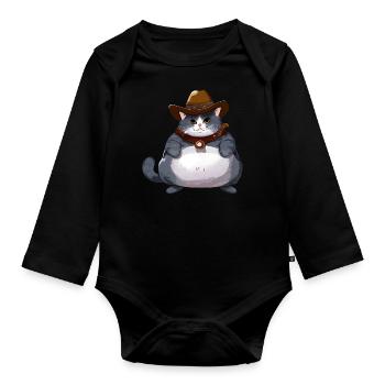 Fat Cowboy Cat - Organic Longsleeve Baby Bodysuit - black - Front