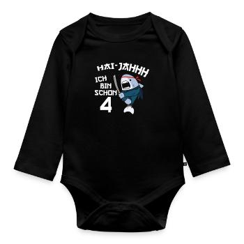 4. Geburtstag Ninja 4 Jahre Ninja Hai Kostüm - Baby Bio-Langarm-Body - Schwarz - Vorne