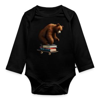 Reading bear on a skateboard - Organic Longsleeve Baby Bodysuit - black - Front
