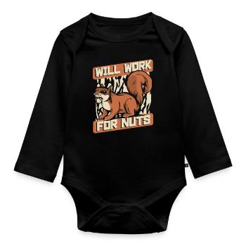 Will Work For Nuts Grauhörnchen Squirrel - Baby Bio-Langarm-Body - Schwarz - Vorne