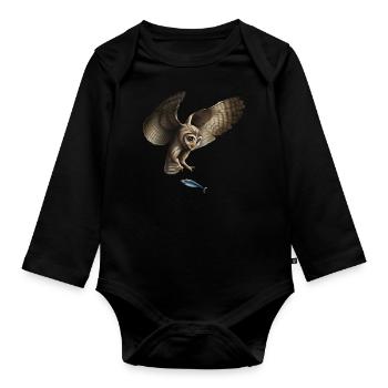 The fish-catching owl - Organic Longsleeve Baby Bodysuit - black - Front