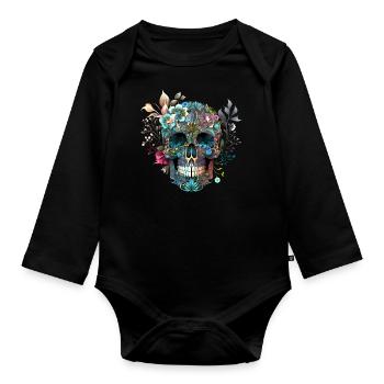 Crâne mexicain, fleurs, crâne, fleurs - Body Bébé bio manches longues - noir - Devant