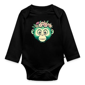 Ami singe fleuri - Body Bébé bio manches longues - noir - Devant