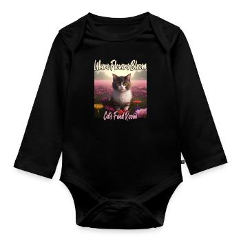 Chat dans la mer de fleurs - Body Bébé bio manches longues - noir - Devant