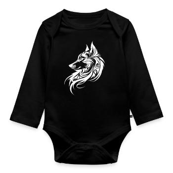 Wolf Silhouette Tribal Tattoo Style Tier Natur Fan - Baby Bio-Langarm-Body - Schwarz - Vorne