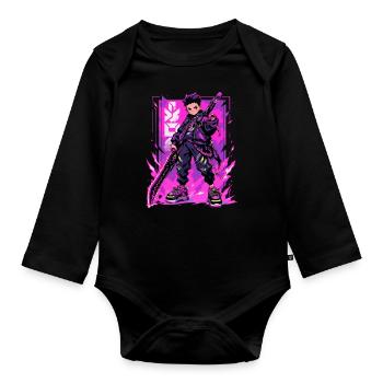 Shibuya: Cool Anime Boy with Sword Japanese - Organic Longsleeve Baby Bodysuit - black - Front