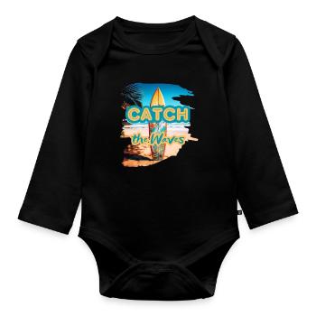 Catch the Waves - für Surf-Liebhaber | Surfbrett - Baby Bio-Langarm-Body - Schwarz - Vorne