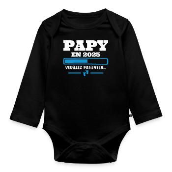 Futur Papy 2025 Grand-père Bébé Grossesse Cadeau - Body Bébé bio manches longues - noir - Devant
