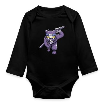 Samurai Japan Ninja Anime Katze - Baby Bio-Langarm-Body - Schwarz - Vorne