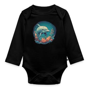 dolphin coral sea ocean marine life animals whale - Organic Longsleeve Baby Bodysuit - black - Front