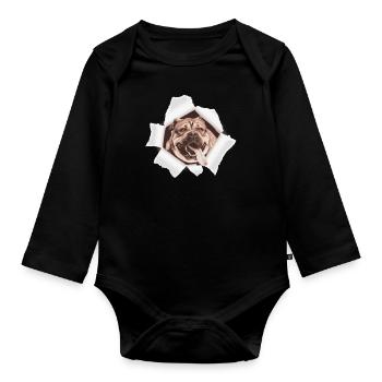 Dog peeking through hole - Organic Longsleeve Baby Bodysuit - black - Front
