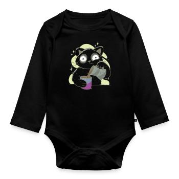 Morgenmuffel Katze mit Kaffee Sucht - Baby Bio-Langarm-Body - Schwarz - Vorne