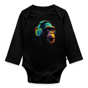 Chimpanzé singe avec casque DJ - Body Bébé bio manches longues - noir - Devant