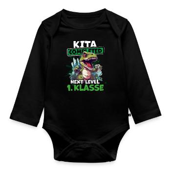 Einschulung Dino Tyrannosaurus Rex Videogamer - Baby Bio-Langarm-Body - Schwarz - Vorne