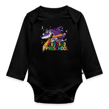 Day Of School Happy Funny Shark Crushed Preschool - Organic Longsleeve Baby Bodysuit - black - Front