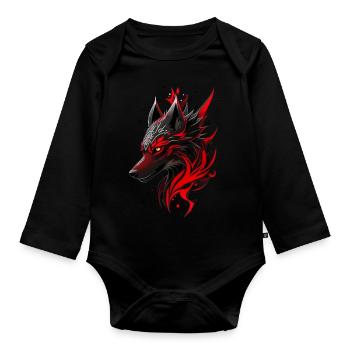 Black and Red Wolf Head with White Magic Symbols - Organic Longsleeve Baby Bodysuit - black - Front