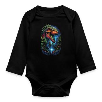 T-Rex Dino im grünen Paradies Fantasy Art - Baby Bio-Langarm-Body - Schwarz - Vorne