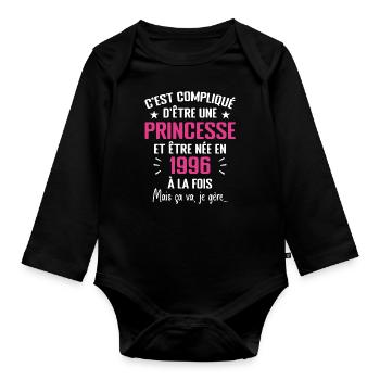 Princesse Née en 1996 - Cadeau D'anniversaire 1996 - Body Bébé bio manches longues - noir - Devant