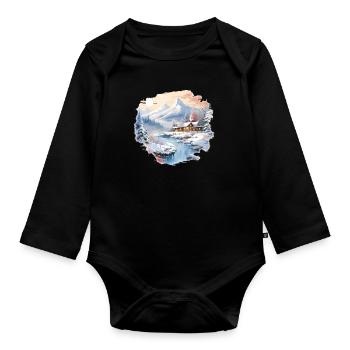 Journée d’hiver avec neige Montagnes Rivières de glace avec maison - Body Bébé bio manches longues - noir - Devant