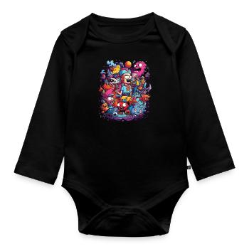 Cartoon Figuren Monster Mensch Tiere Bunt - Baby Bio-Langarm-Body - Schwarz - Vorne