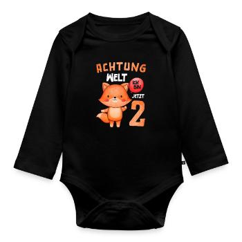 Achtung Welt Ich Bin Jetzt 2 Fuchs - Baby Bio-Langarm-Body - Schwarz - Vorne
