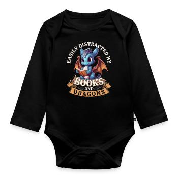 Easily Distracted By Books And Dragons: Drachen - Baby Bio-Langarm-Body - Schwarz - Vorne