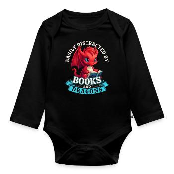 Easily Distracted By Books And Dragons: Drachen - Baby Bio-Langarm-Body - Schwarz - Vorne