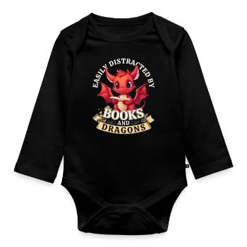 Easily Distracted By Books And Dragons: Drachen - Baby Bio-Langarm-Body - Schwarz - Vorne