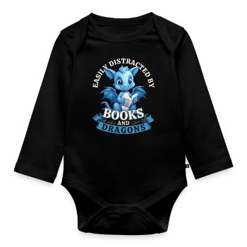 Easily Distracted By Books And Dragons: Drachen - Baby Bio-Langarm-Body - Schwarz - Vorne