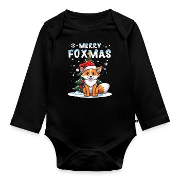 Cute fox celebrating Christmas in the snow - Organic Longsleeve Baby Bodysuit - black - Front