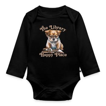 The library is my happy place dog - Organic Longsleeve Baby Bodysuit - black - Front