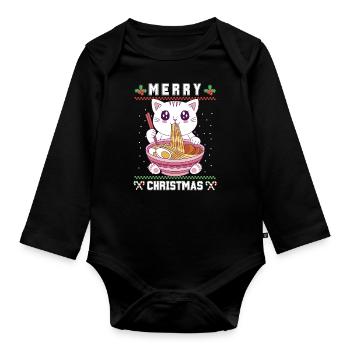 Chat d’anime kawaii mignon avec Ramen Noël laid - Body Bébé bio manches longues - noir - Devant