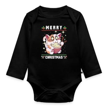 Chat d’anime kawaii mignon avec Ramen Noël laid - Body Bébé bio manches longues - noir - Devant