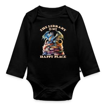 La bibliothèque est mon lieu de bonheur, dragons - Body Bébé bio manches longues - noir - Devant